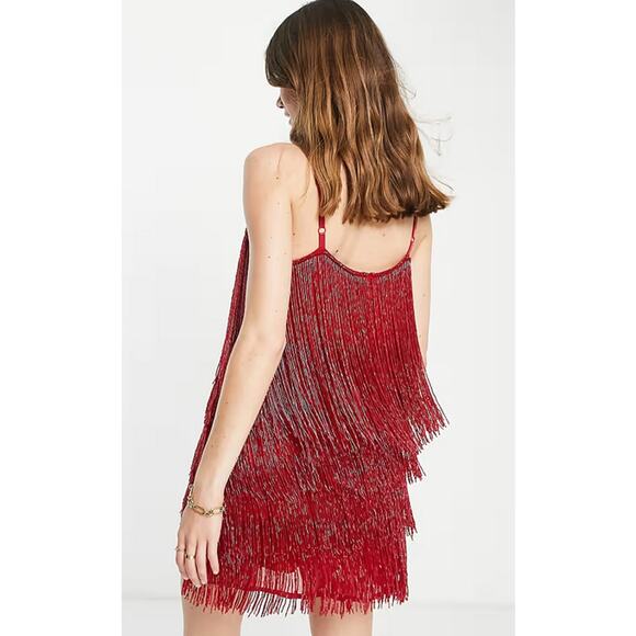 ASOS DESIGN NEW Embellished Fringed Mini Dress‎ Red US 2 Hand Beaded Party Vegas - Picture 3 of 7